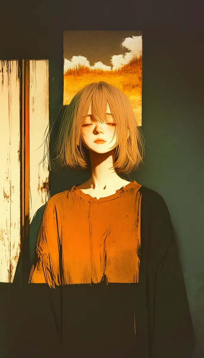 A young woman with shoulder-length hair wearing ripped clothes stands with eyes closed in the warm light of dusk, against a dark background with a yellow-orange abstract painting behind her.