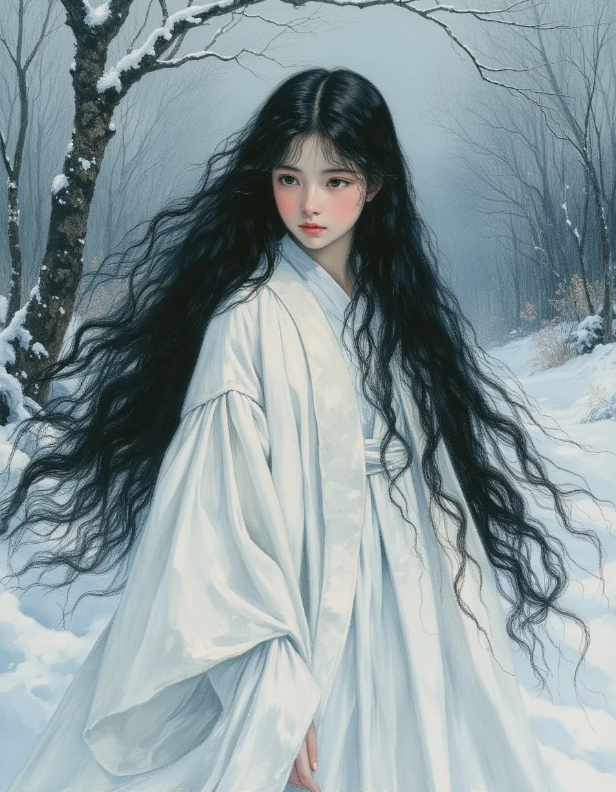 Portrait of a young Yuki-onna, the snow woman from Japanese folklore, with long black hair and white kimono standing in a snowy forest, painted in an oil painting style inspired by Rembrandt.