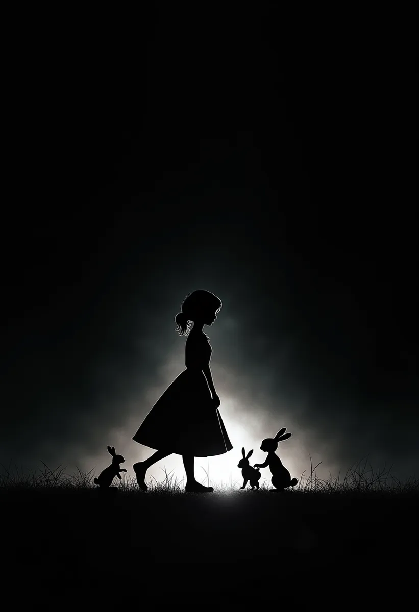 Minimalist silhouette of a mother and three rabbits outlined by ethereal white light against a dark black background.
