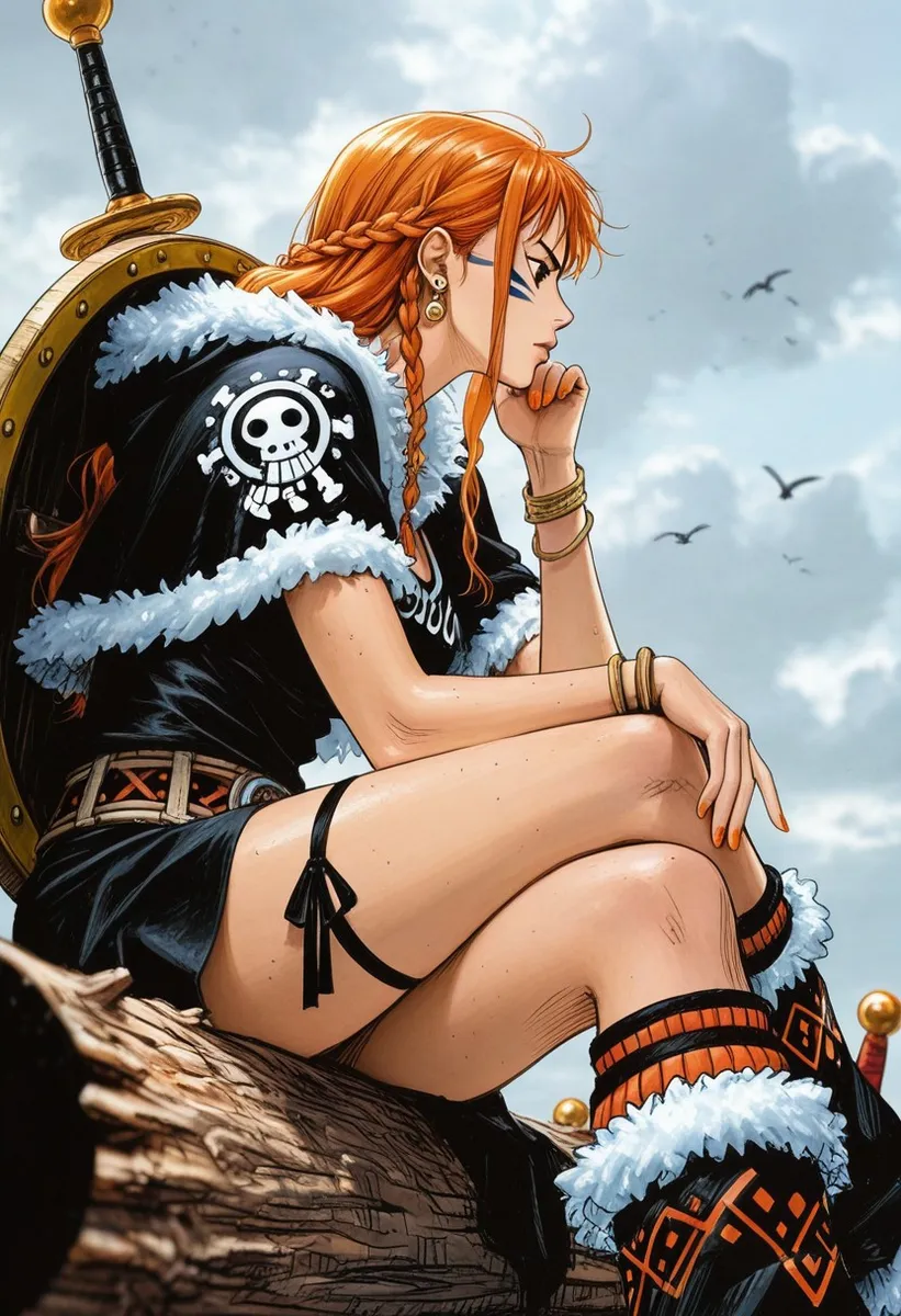 A Viking girl with braided orange hair and facial markings sits outdoors on a log, wearing fur-trimmed clothing, a black skirt, and leg warmers, with a sword and shield on her back against a cloudy sky background.