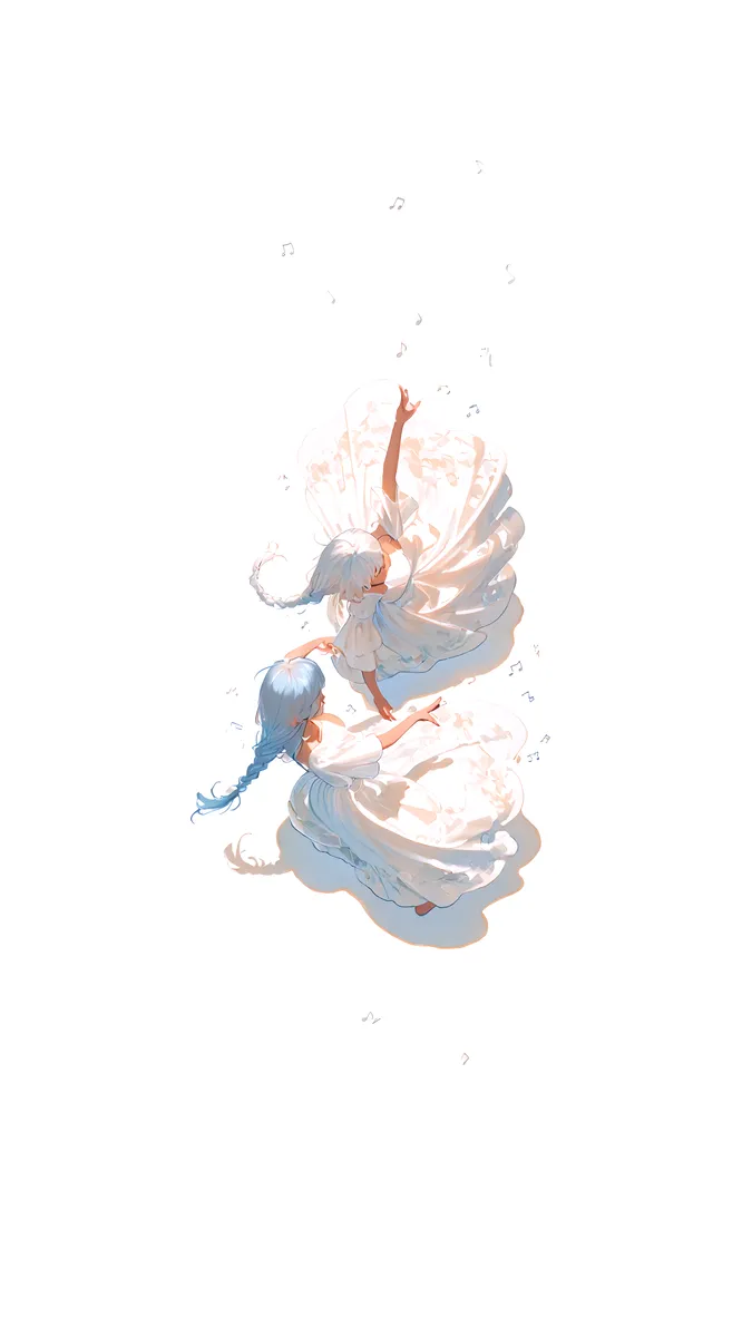 Two girls with long braided hair dressed in flowing white dresses dancing viewed from above, surrounded by subtle floating music notes and a light blue hue.