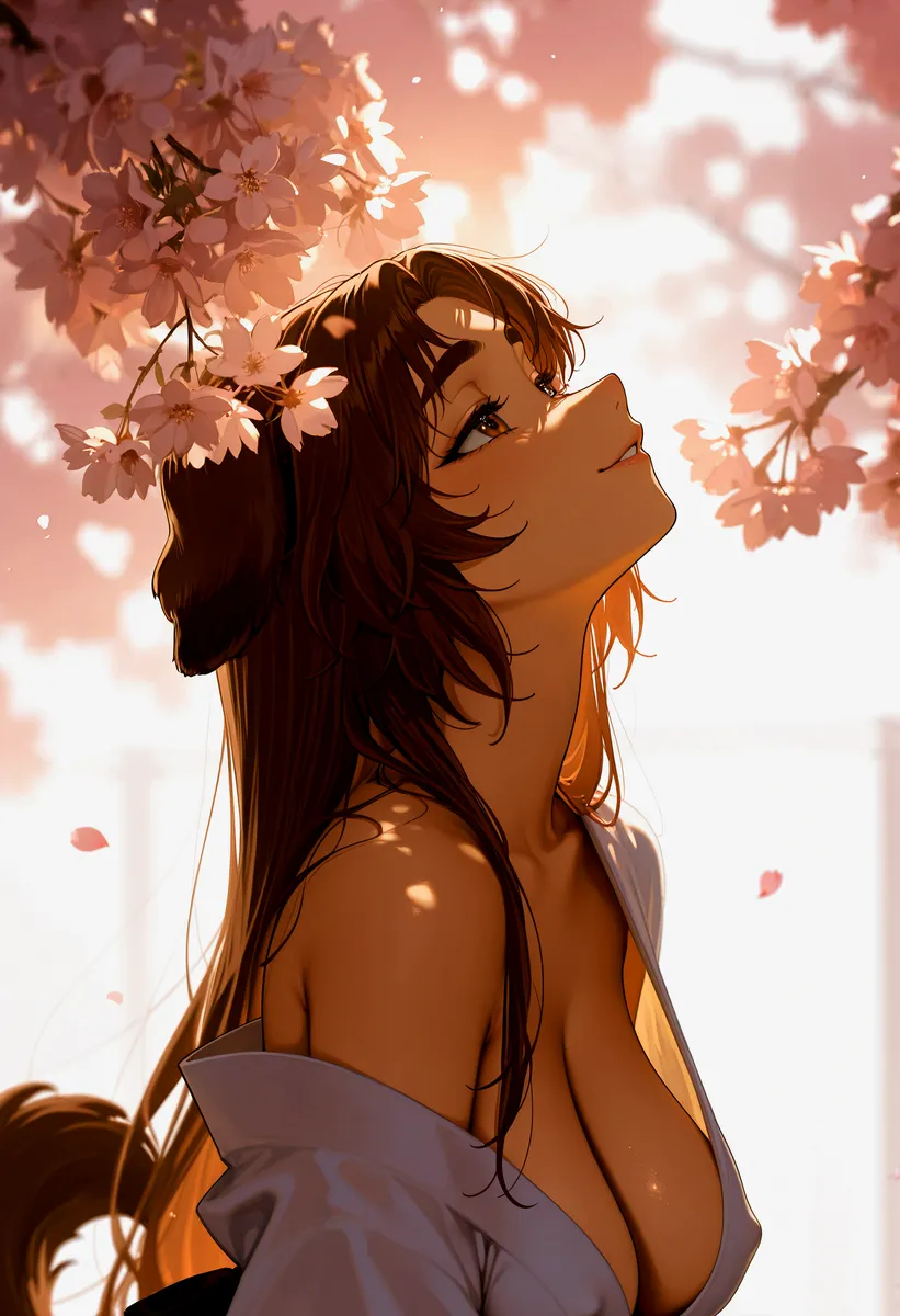 Portrait of a dog girl with brown dog ears and long brown hair wearing a kimono, surrounded by sakura blossoms under golden hour light.