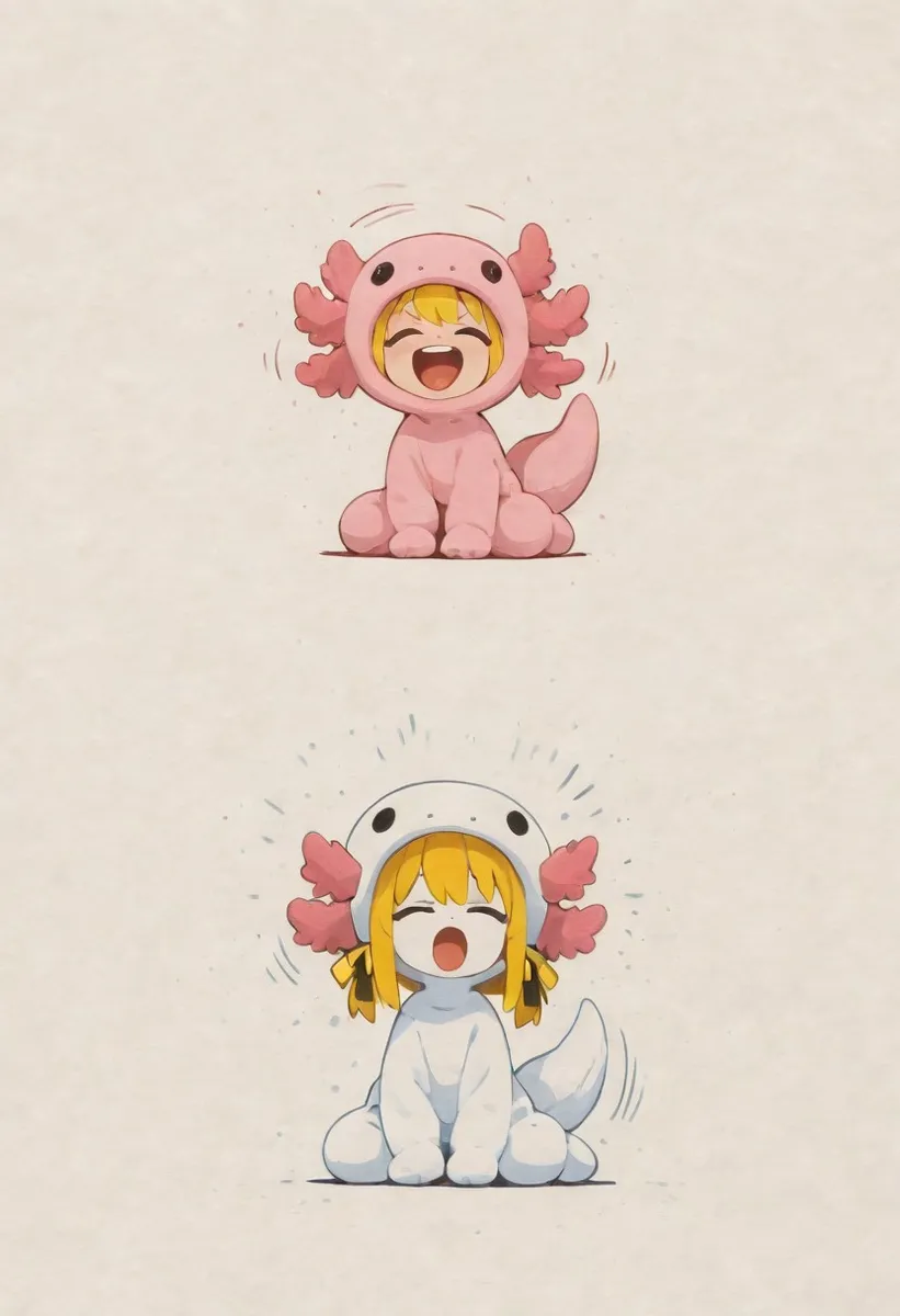 Two illustrations of a cute girl wearing axolotl costumes, one pink and one white, sitting and laughing with a dynamic and joyful expression, featuring a yellow hair ribbon.