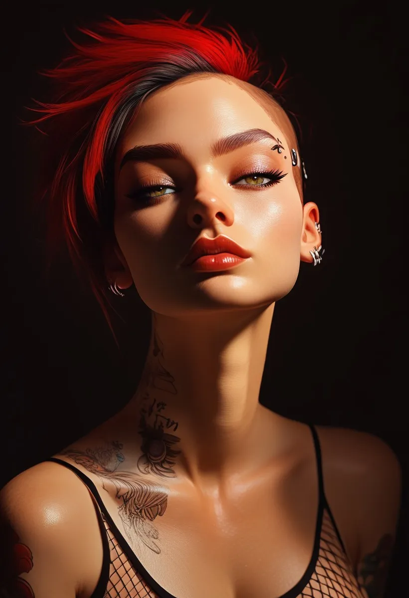 Close-up portrait of a confident punk girl with an asymmetric buzz cut featuring red and black hair, hazel eyes, multiple piercings, and tattoos on neck and shoulder, wearing a black fishnet dress.