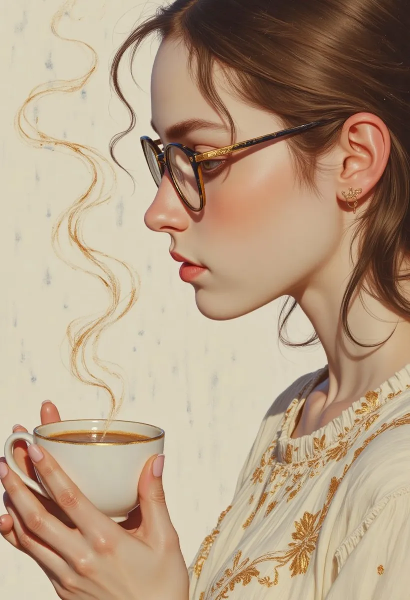 Profile of a young woman wearing nerd glasses, holding a steaming cup with golden steam curls, in front of a rainy window with a soft pastel background