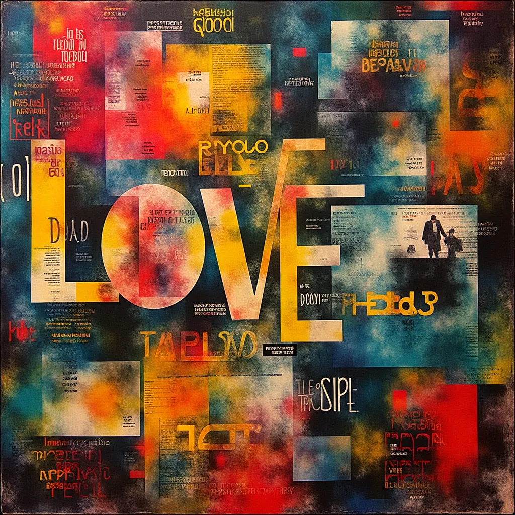 A Rauschenberg-inspired collage with distorted typography, bold colors, layered textures, and surreal, grungy, dystopian elements prominently featuring the word LOVE.