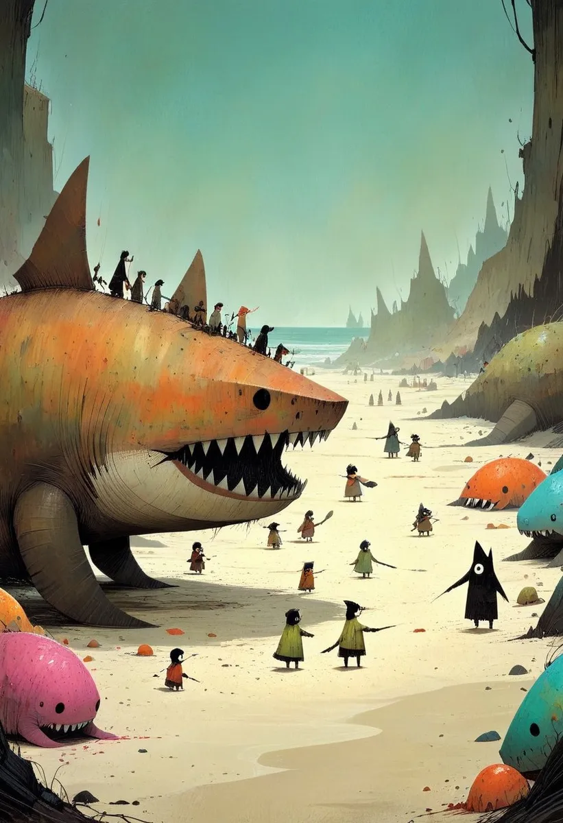 Large orange sandshark with people on its back, surrounded by smaller colorful sandsharks and many small figures and fisherboats, in a surreal desert landscape with distant sharp rock formations under a pale green sky.
