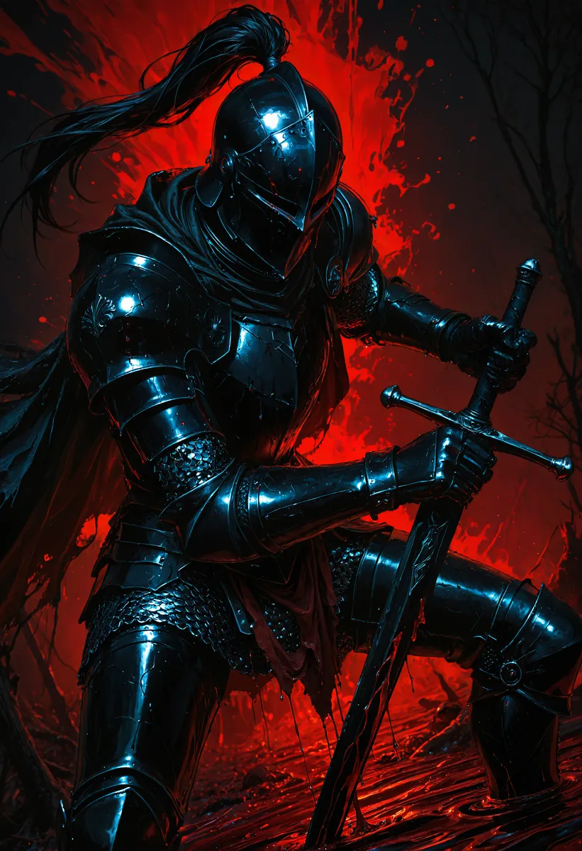 A black knight in shining dark armor grips a sword firmly, standing in a bloody swamp with a dramatic red background and an armet helmet covering his face.