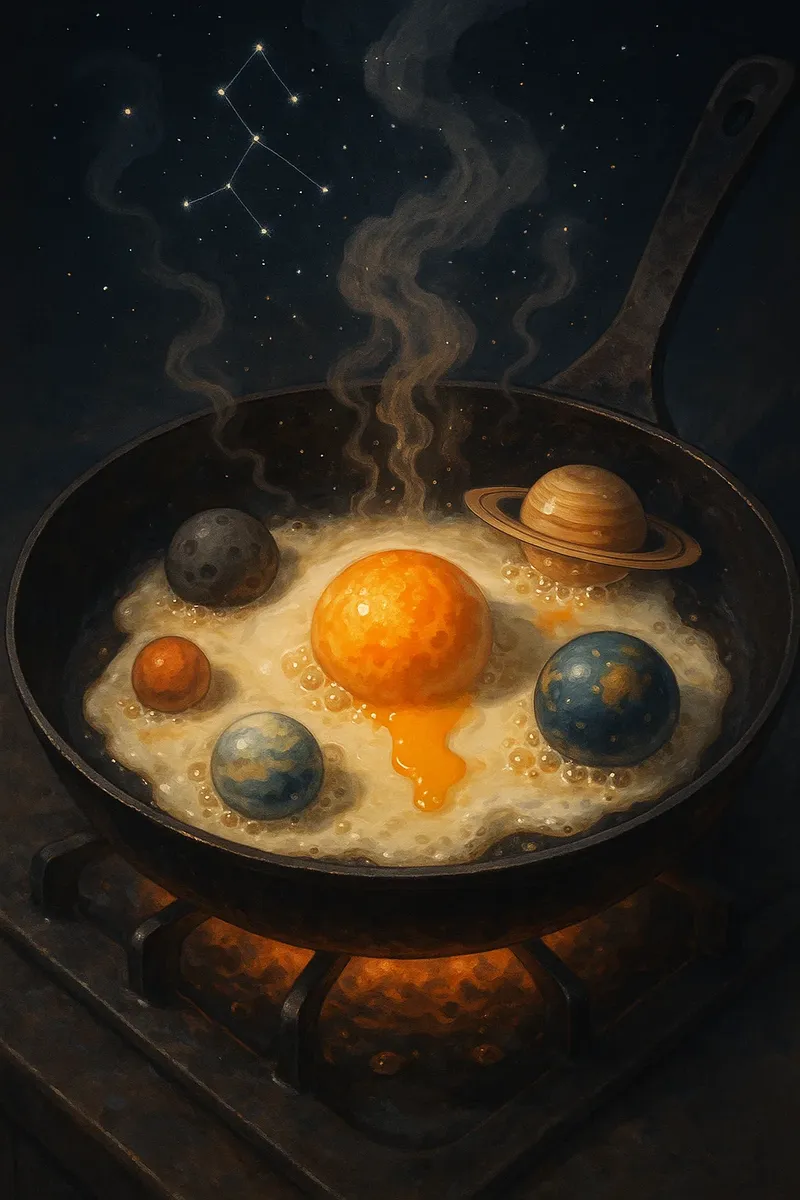 A frying pan on a stove cooking tiny planets as if they were eggs, with Saturn bubbling and the Sun leaking yolk while steam rises forming star constellations.
