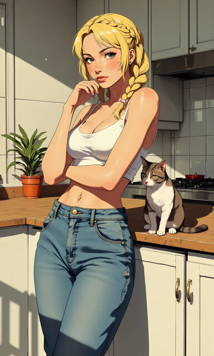 Photorealistic image of a blonde woman with braided hair wearing a white crop top and denim jeans, casually leaning in a modern kitchen countertop with a cat sitting beside her.