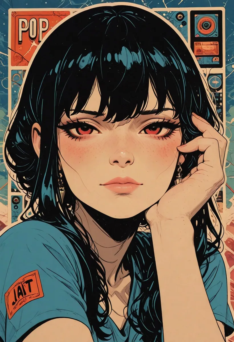A detailed illustration of Yor Briar in pop art style with flat coloring, showcasing her with dark hair, red eyes, soft makeup, and a contemplative expression against a blue-toned mechanical backdrop.