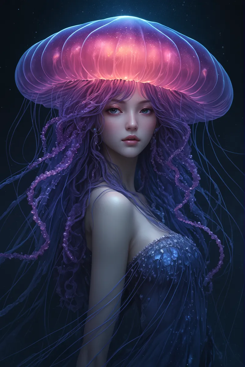 Close-up portrait of a jellyfish goddess with glowing purple jellyfish bell hat, flowing tentacle-like hair, and a dark blue gown, in fantasy style.