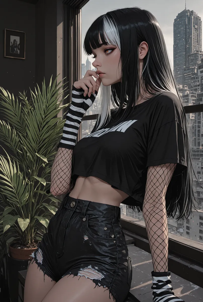 Close-up side view of a contemplative e-girl with multicolored black and white hair, striped gloves, fishnet sleeves, and ripped black shorts posing in an industrial city apartment with a large window showing skyscrapers and a fern plant.