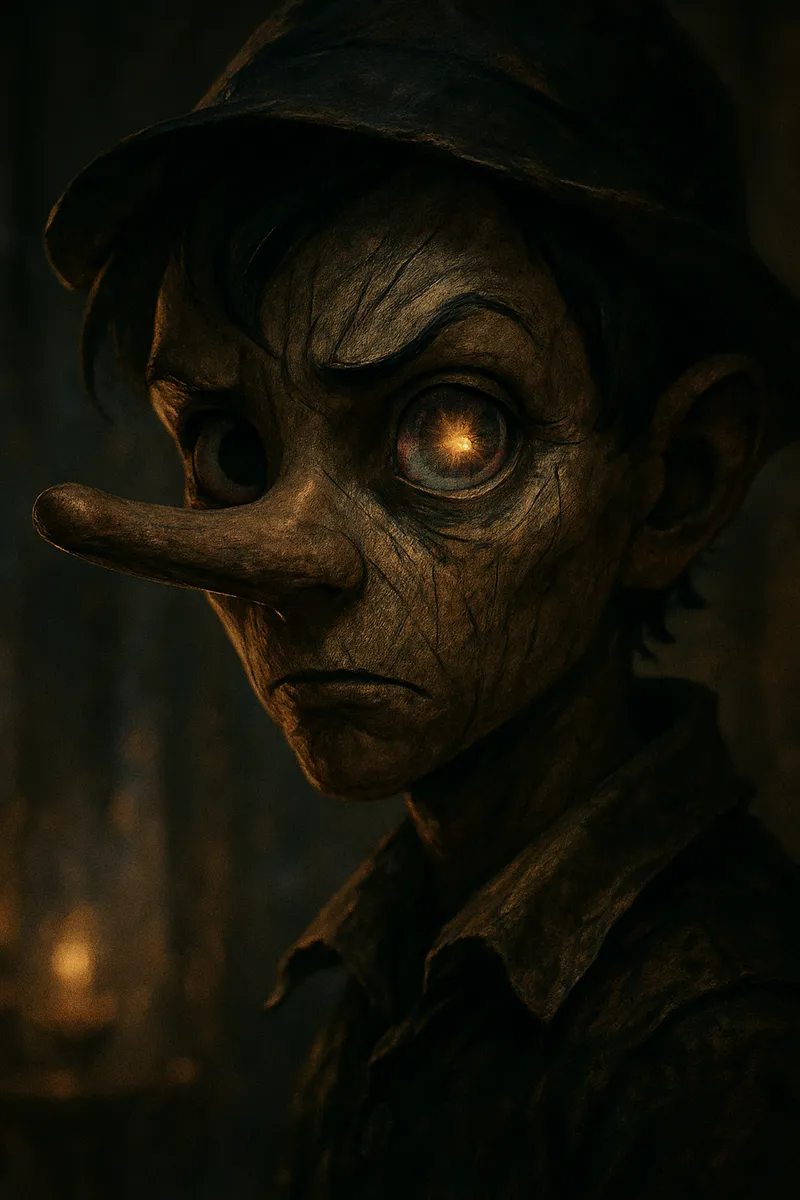 Close-up of a dark fantasy Pinocchio with a carved wooden face, aged texture, glowing eye, and a twisted nose in a moody, gothic setting.
