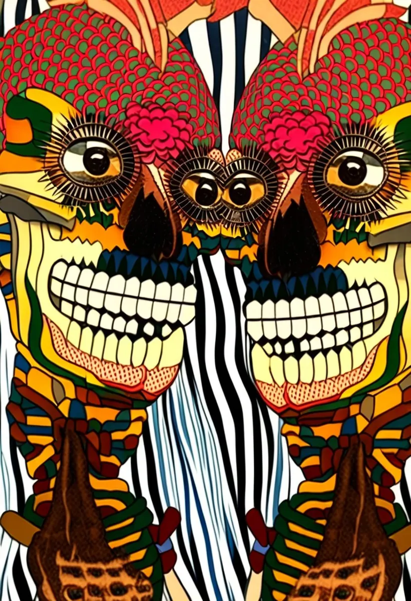 A vibrant, symmetrical skull image with yellow eyes, colorful fish scales on top, bright patterns, and a mirrored psychedelic effect.