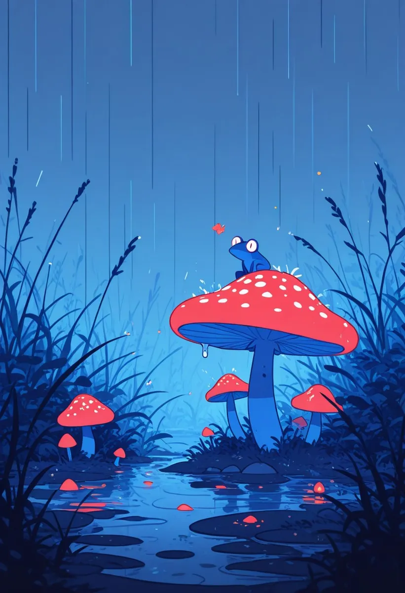 A happy blue frog sitting on top of a large red mushroom with white spots in a lush swampy area during heavy rain with flat vector illustration style.