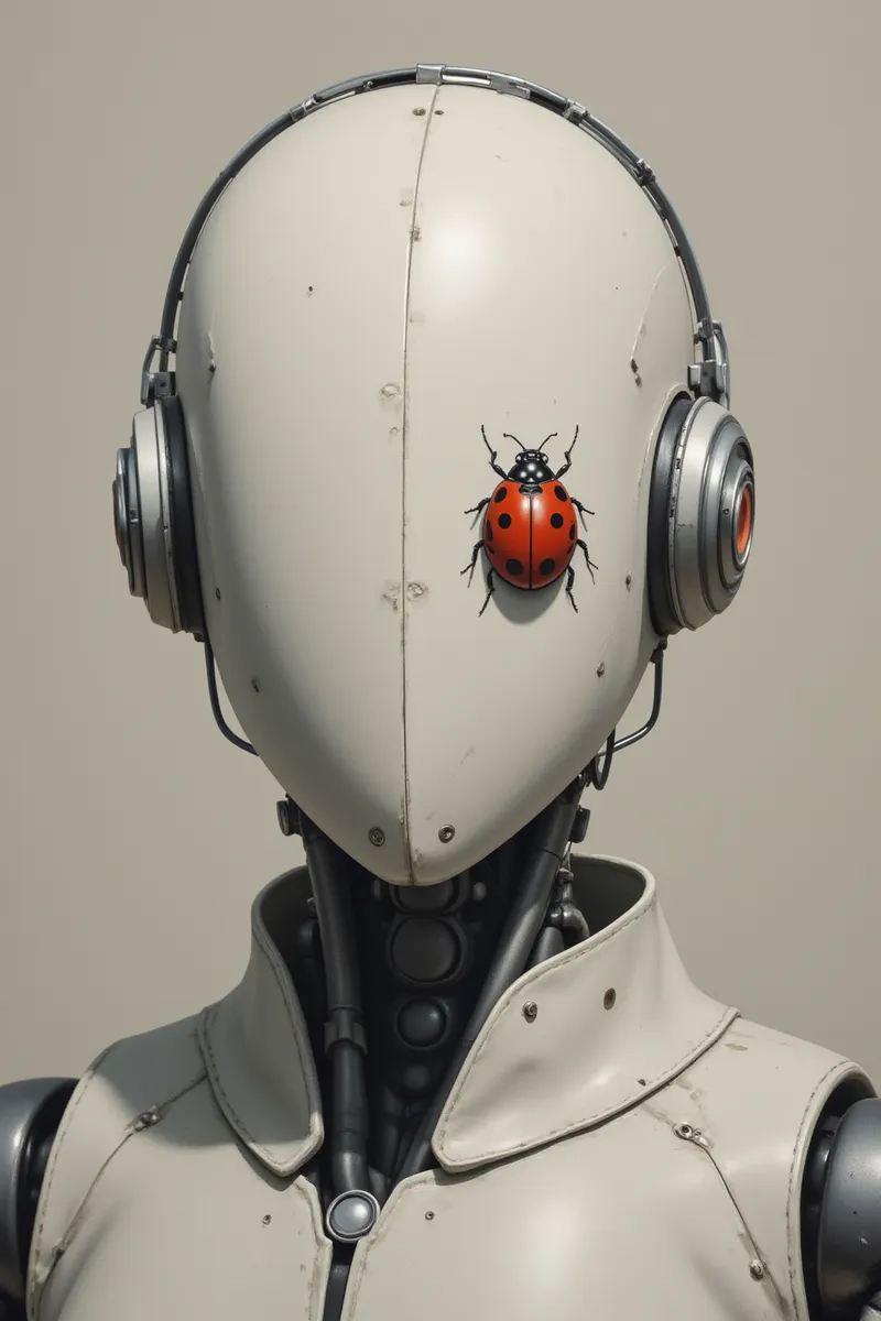 Closeup of a minimalist faceless android head in pale gray pastel, featuring a single red ladybug sitting off-center on the smooth surface.