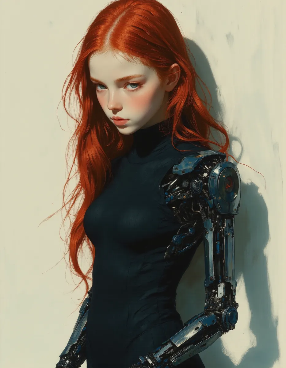 Highly detailed portrait of a pale-skinned cyborg girl with long red hair, a mechanical arm, and wearing a black tight bodysuit, illuminated with Rembrandt lighting.