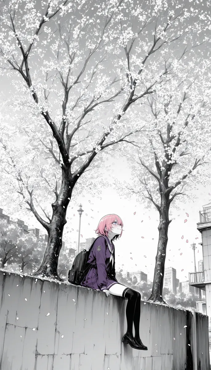 Girl with short pink hair and purple sailor school uniform sitting on a wall beneath cherry blossom trees with petals falling, grayscale city background.
