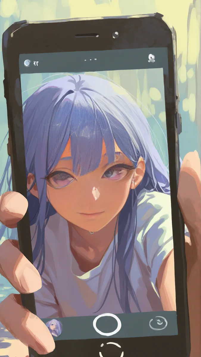 A digital illustration showing a girl with long purple hair taking a selfie, displayed on a smartphone screen held by a hand, rendered in BlueFley style with painterly effects.