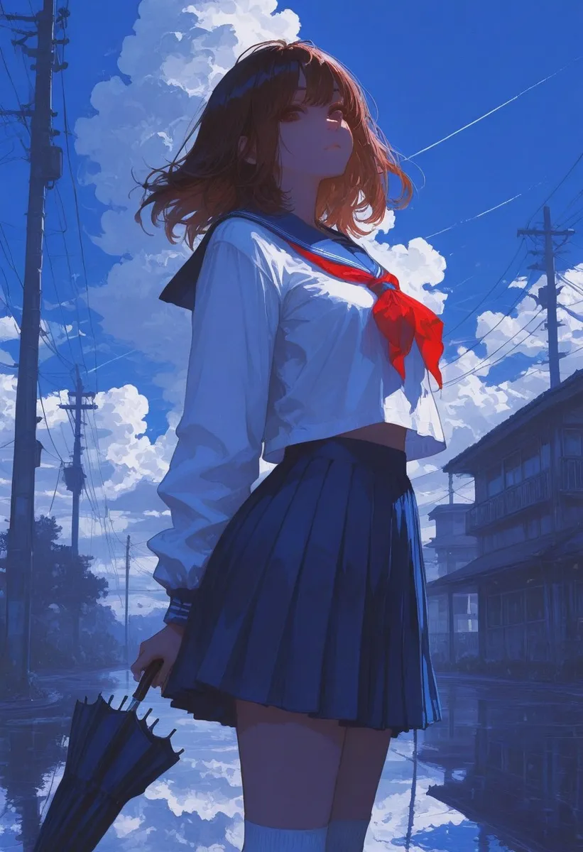 Girl in a school uniform holding an umbrella, standing outdoors with a blue pleated skirt, red neckerchief, white shirt, and a cloudy blue sky with power lines in the background.