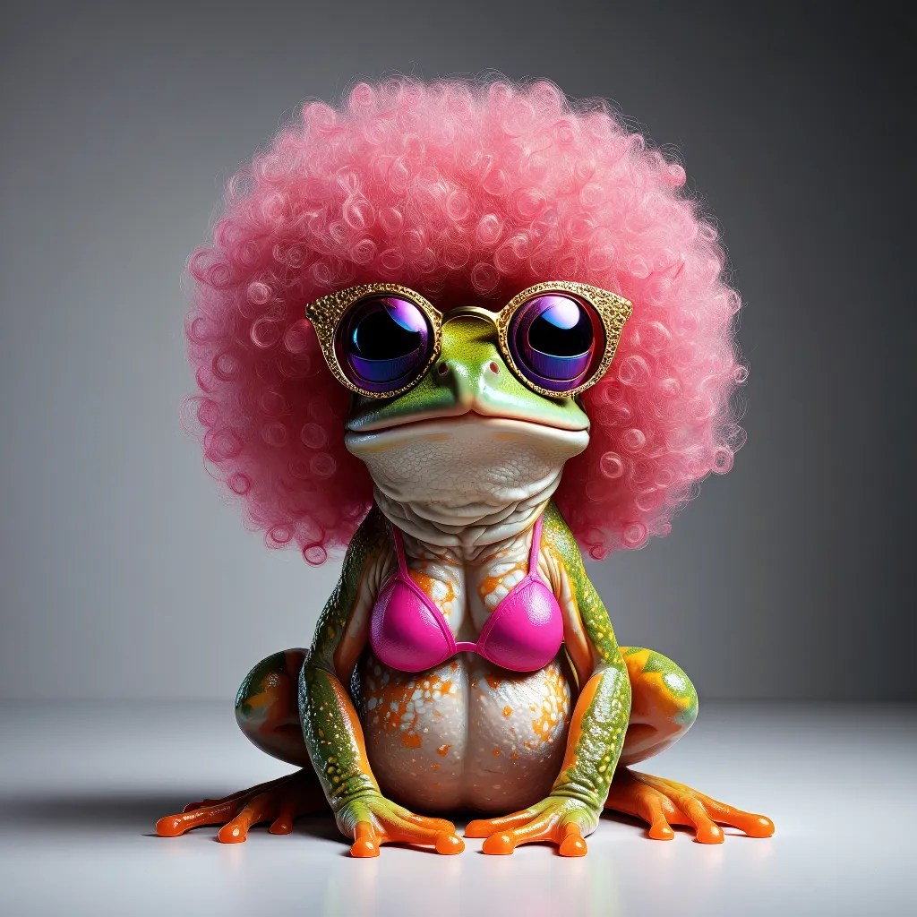 Colorful green frog wearing a pink afro wig, oversized sunglasses, and a pink bikini top sitting on a plain surface with shadow.