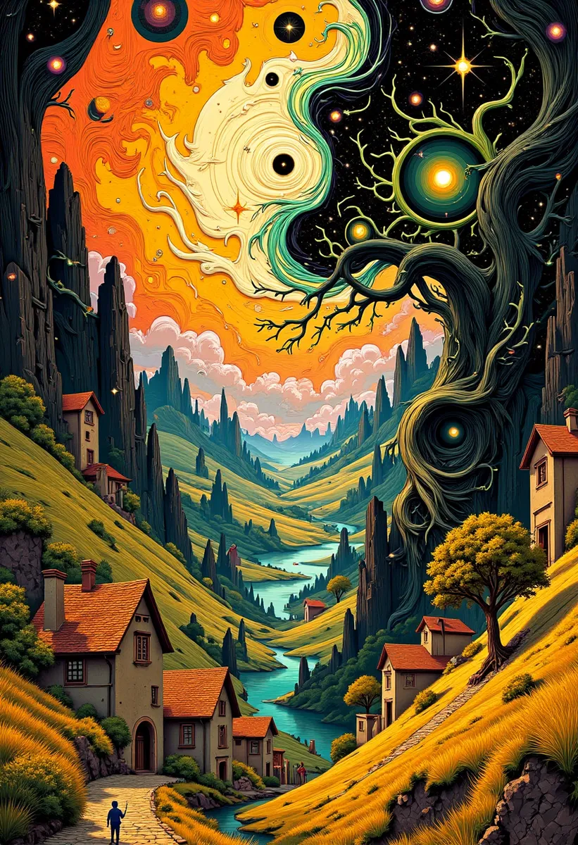 Vivid symbolic landscape inspired by Henri-Edmond Cross with a giant sun, swirling night sky, detailed village, and grand tree.