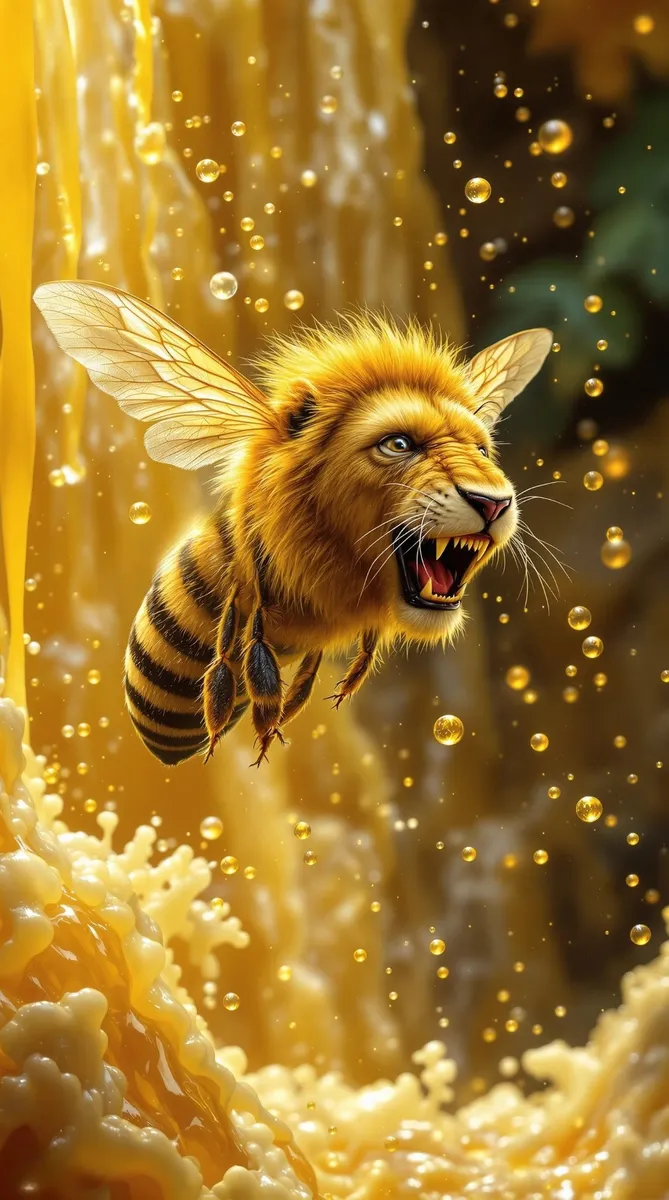 A fantastical creature with the body of a bee and the roaring head of a lion flying amid cascading honey and golden droplets.