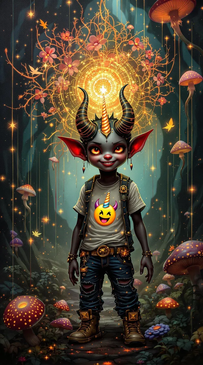 A playful, cheeky little devil character with large curved horns and a unicorn horn wearing ripped jeans and a t-shirt with a unicorn emoji stands in a glowing, ethereal fantasy forest filled with mushrooms and magical lights.
