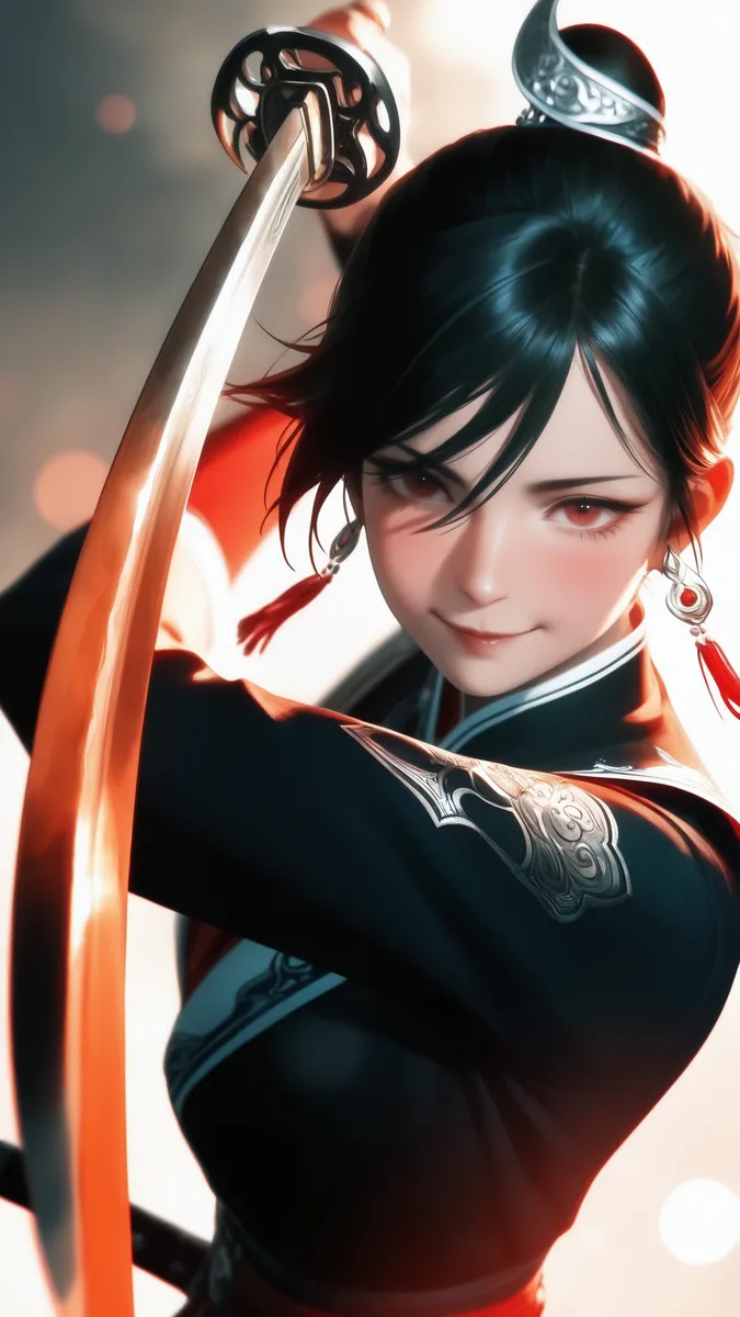 A realistic 3D female warrior with black hair and red eyes wields a katana, dressed in traditional Chinese-inspired clothes under dramatic lighting.