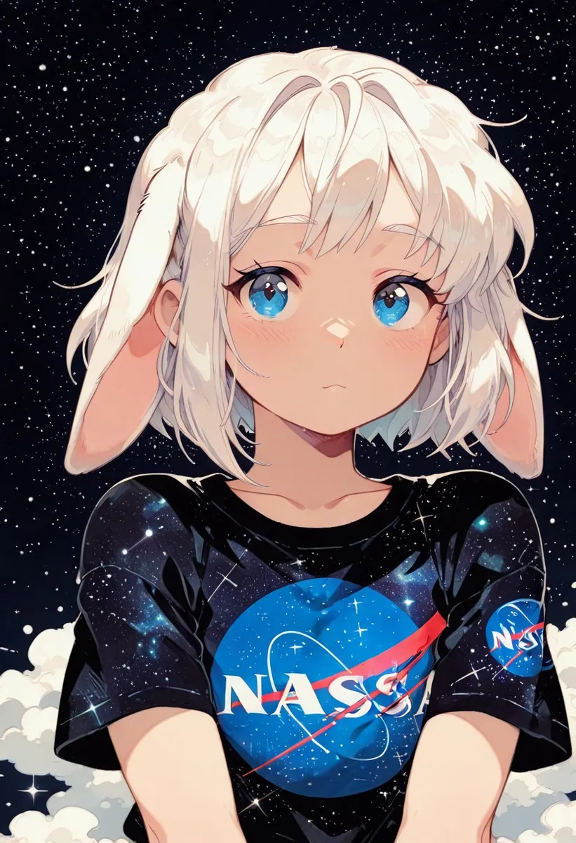 Anime-style girl with white hair and rabbit ears wearing a NASA t-shirt, set against a starry black space-themed background.
