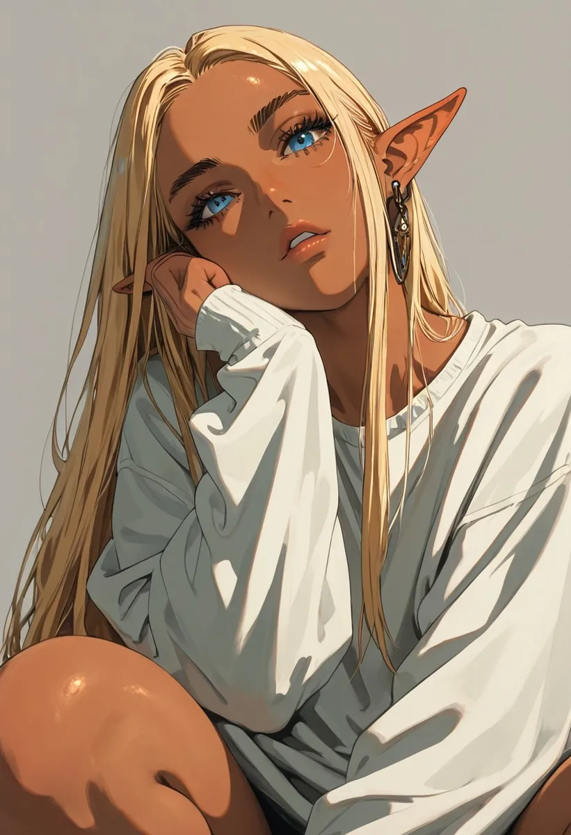 Portrait of an elf with tanned skin, long blonde hair, blue eyes, and pointy ears wearing a white oversized sweatshirt, sitting with hand on face.