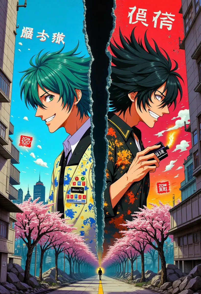 Vibrant anime-style image showing a split reality with Akira Tendo on the left smiling with turquoise hair and colorful graffiti, and Kanta Higurashi on the right with dark hair and a flaming molotov, set against a dystopian Tokyo background with decaying cherry blossoms.