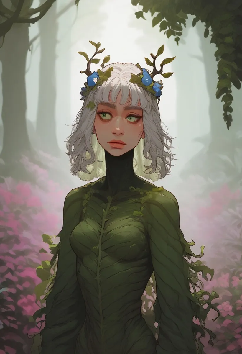 A dryad with vibrant green eyes stands amid a chrysanthemum blossom forest, wearing a vine-like bodysuit and decorated with flower bush hair and blossoms.