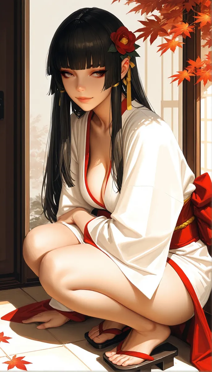 Nyotengu from DOA crouching indoors wearing white and red traditional clothing with long black hair, red flower hair accessory, and autumn leaves nearby.