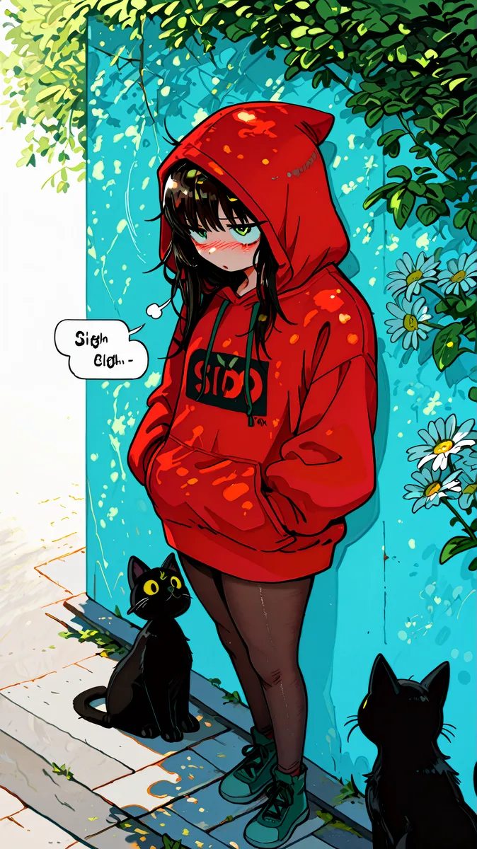 Girl wearing a red hoodie and pantyhose standing on a sidewalk next to two black cats, with daisies and dappled sunlight around, a speech bubble saying sigh blah.