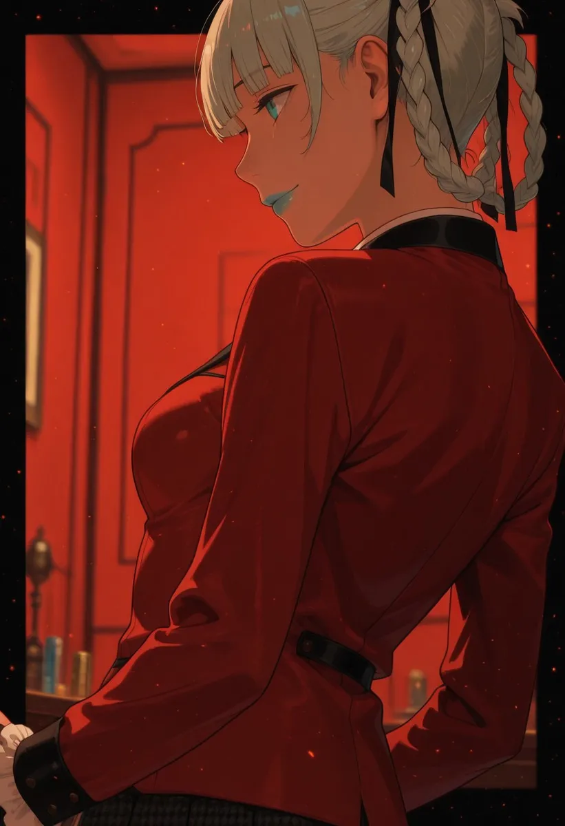 Anime portrait of Momobami Kirari with white braided hair and blue lips wearing a red blazer against a red background with dynamic lighting