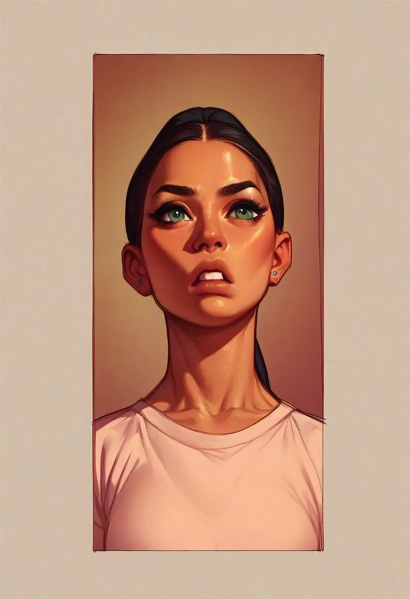 Digital portrait of a girl in a black T-shirt with green eyes, depicted in a comic book art style with a rough colored sketch look.