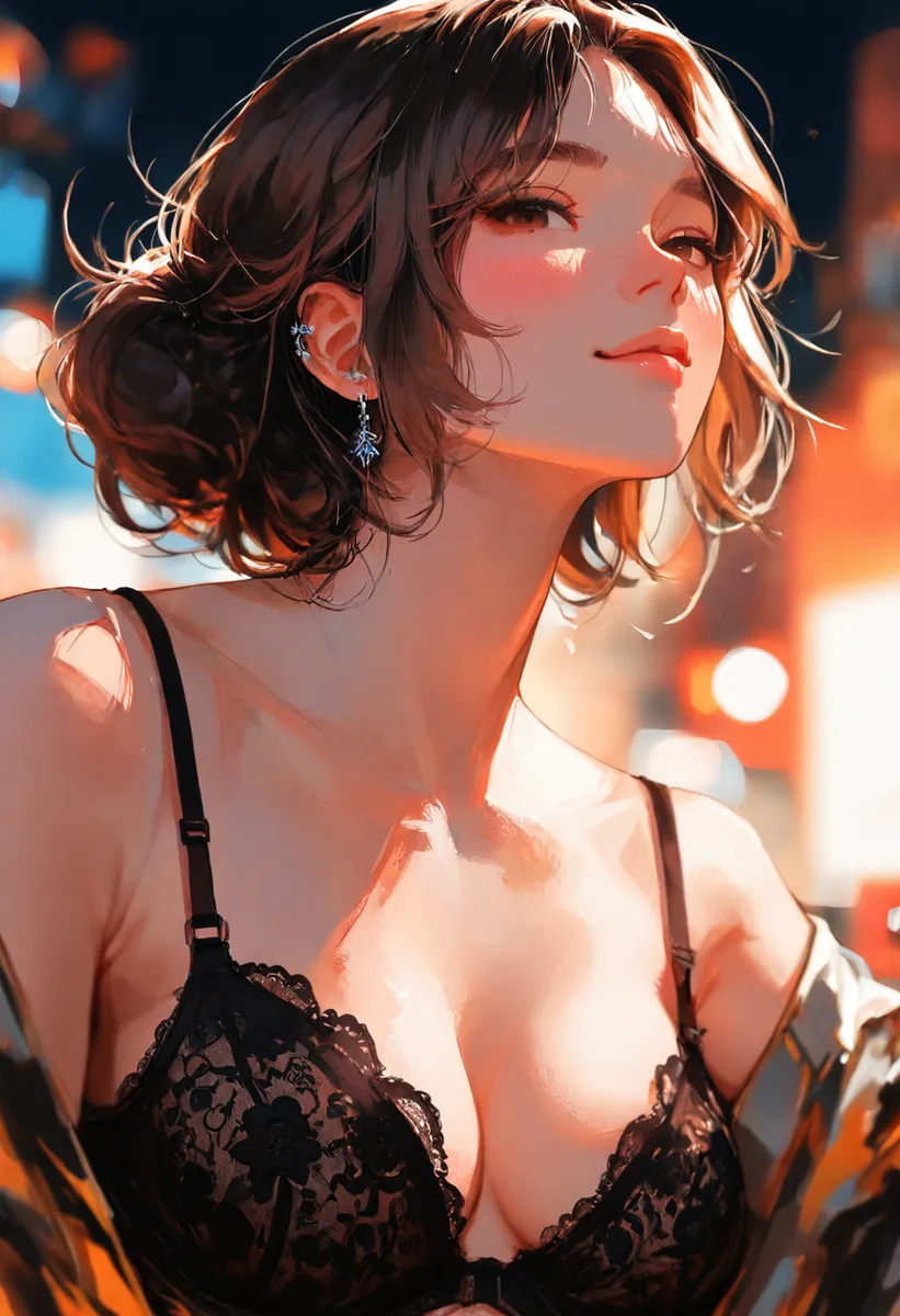 Portrait of a young woman with brown eyes and medium-length brown hair styled in a messy bun, wearing black lace lingerie with a plunging design, set against a warm, bokeh background with dramatic lighting.