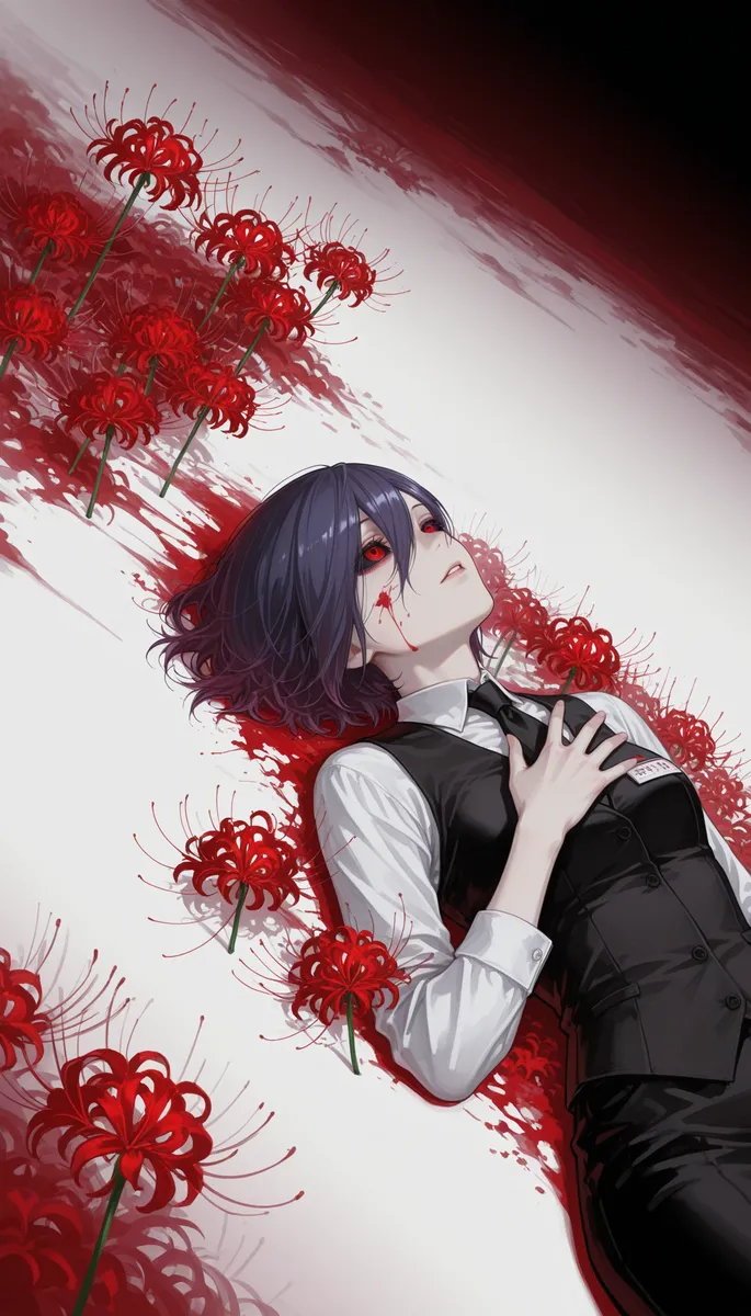 Kirishima Touka from Tokyo Ghoul with purple hair and red eyes, lying on the floor surrounded by red spider lilies and blood, wearing a waitress outfit with a black vest and tie.