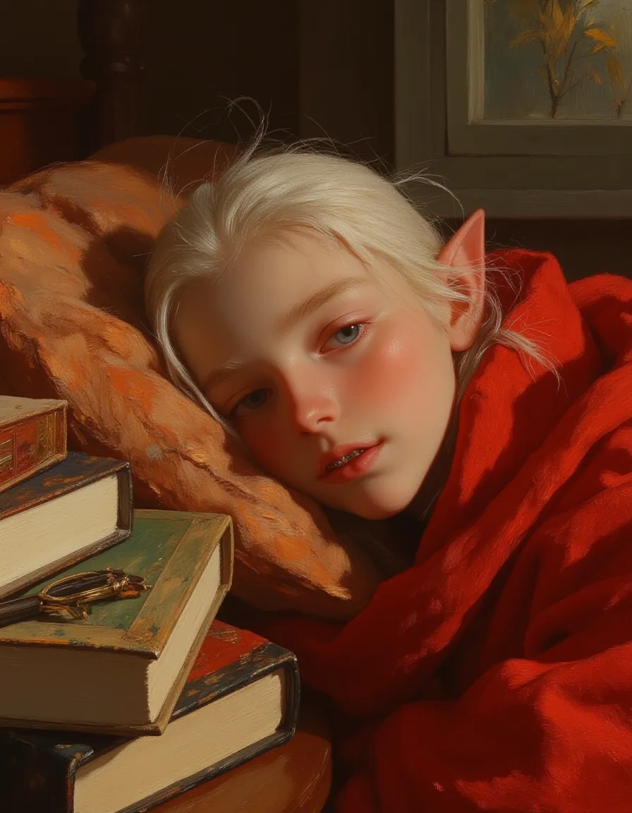 A hyper-realistic oil painting of a young elf student with white hair and blue eyes resting peacefully in a warm, cozy bedroom wrapped in a red blanket, showing a gentle smile with braces.