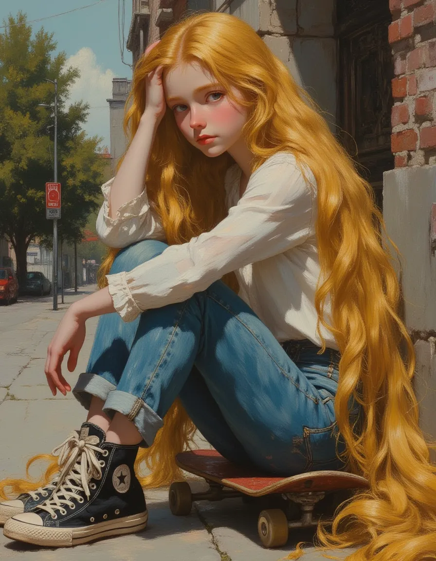 Young teen Rapunzel with 70-foot blond hair, wearing worn jeans and black high top shoes, sitting on a skateboard on a sidewalk in an oil painting style with Rembrandt lighting.