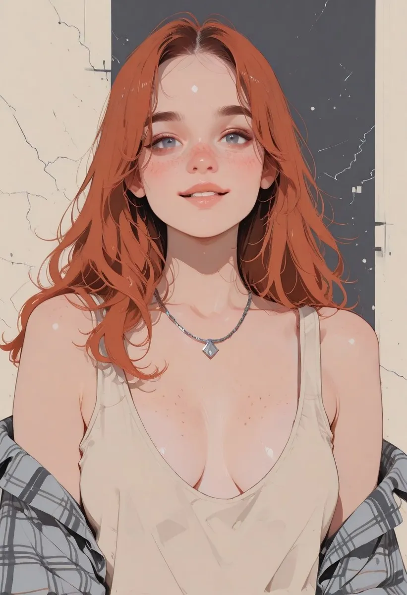 A close-up portrait of a female with long auburn hair, freckles, dark grey eyes, smirking, wearing a sheer beige tanktop and open navy plaid shirt, with a silver necklace, rendered in realistic colored shadows and detailed fabric style.