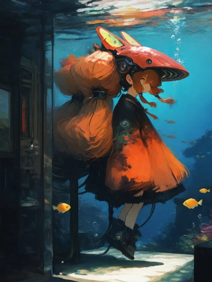 Detailed painting of an underwater girl with flowing orange hair wearing a red helmet and dark clothing, surrounded by tropical fish.