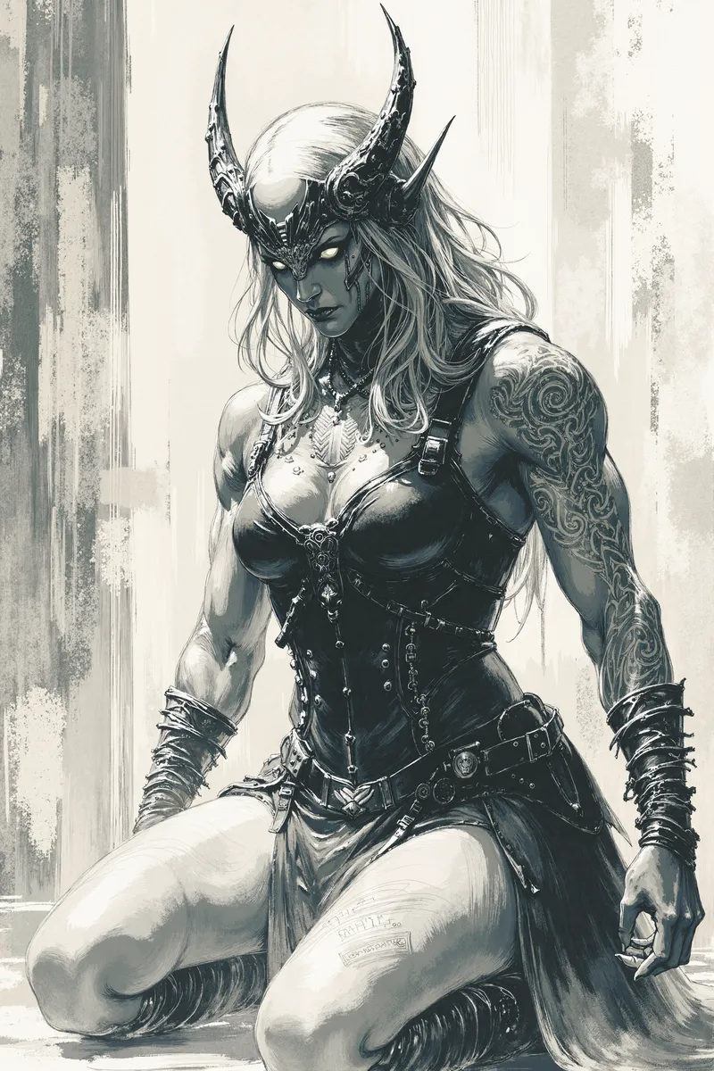 Black and white ink illustration of a muscular female succubus kneeling, wearing leather armor with tattoos and intricate body paint, dramatic chiaroscuro lighting emphasizing muscle definition.
