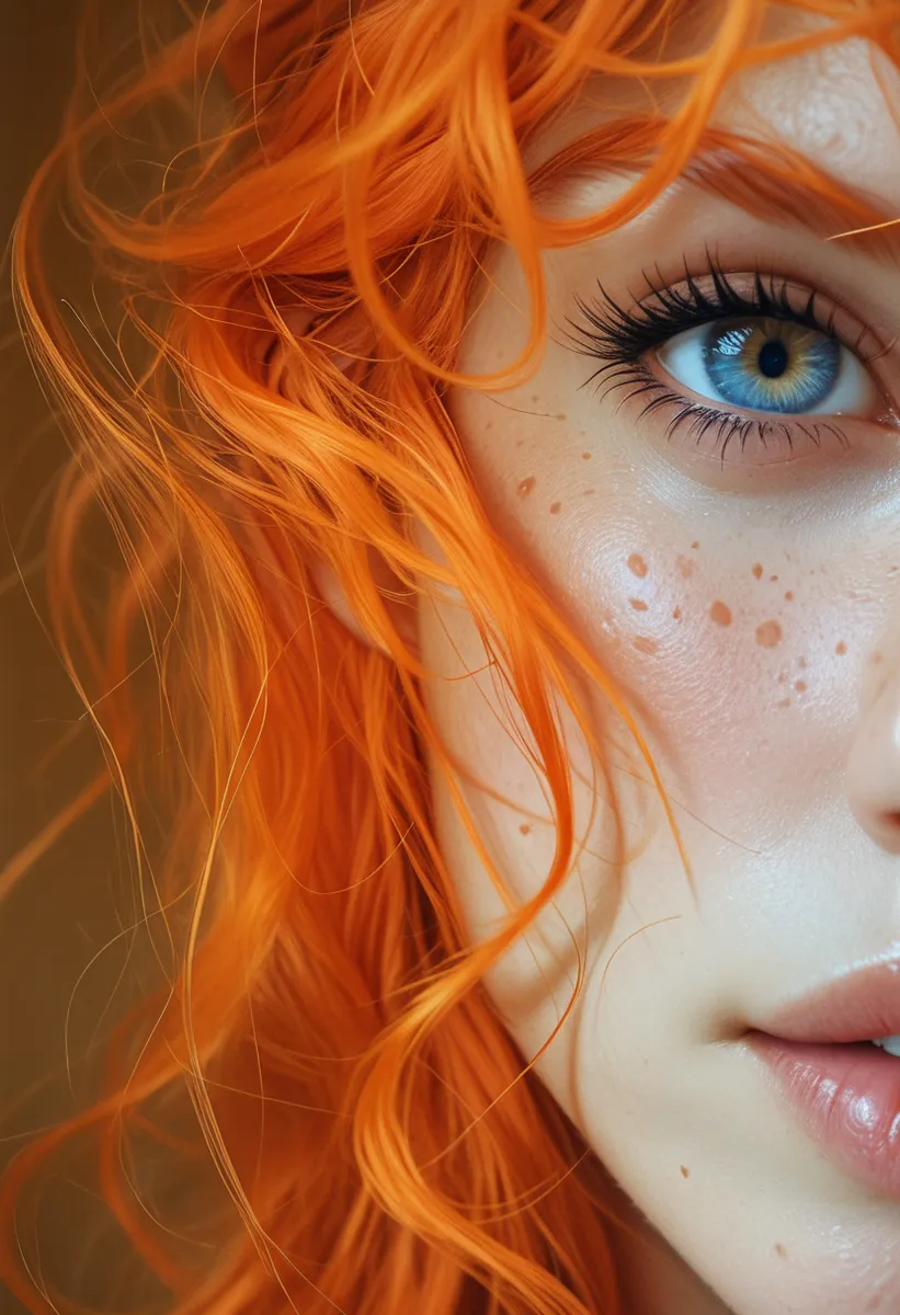 Close-up portrait of a woman with striking blue eyes, vibrant orange hair, freckles, and smooth realistic skin, illuminated by a soft ethereal glow.