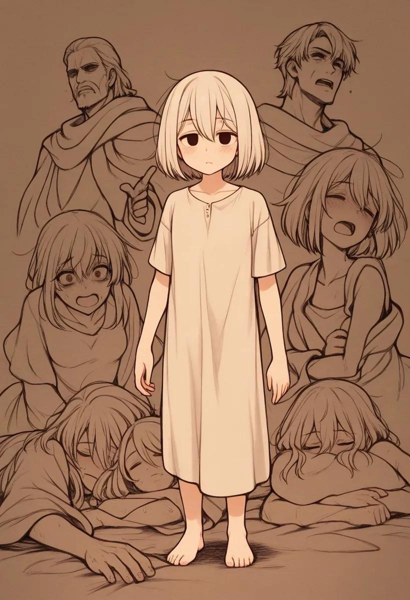Anime-style illustration of a tired girl in a simple dress surrounded by varied emotional expressions in sepia tone.