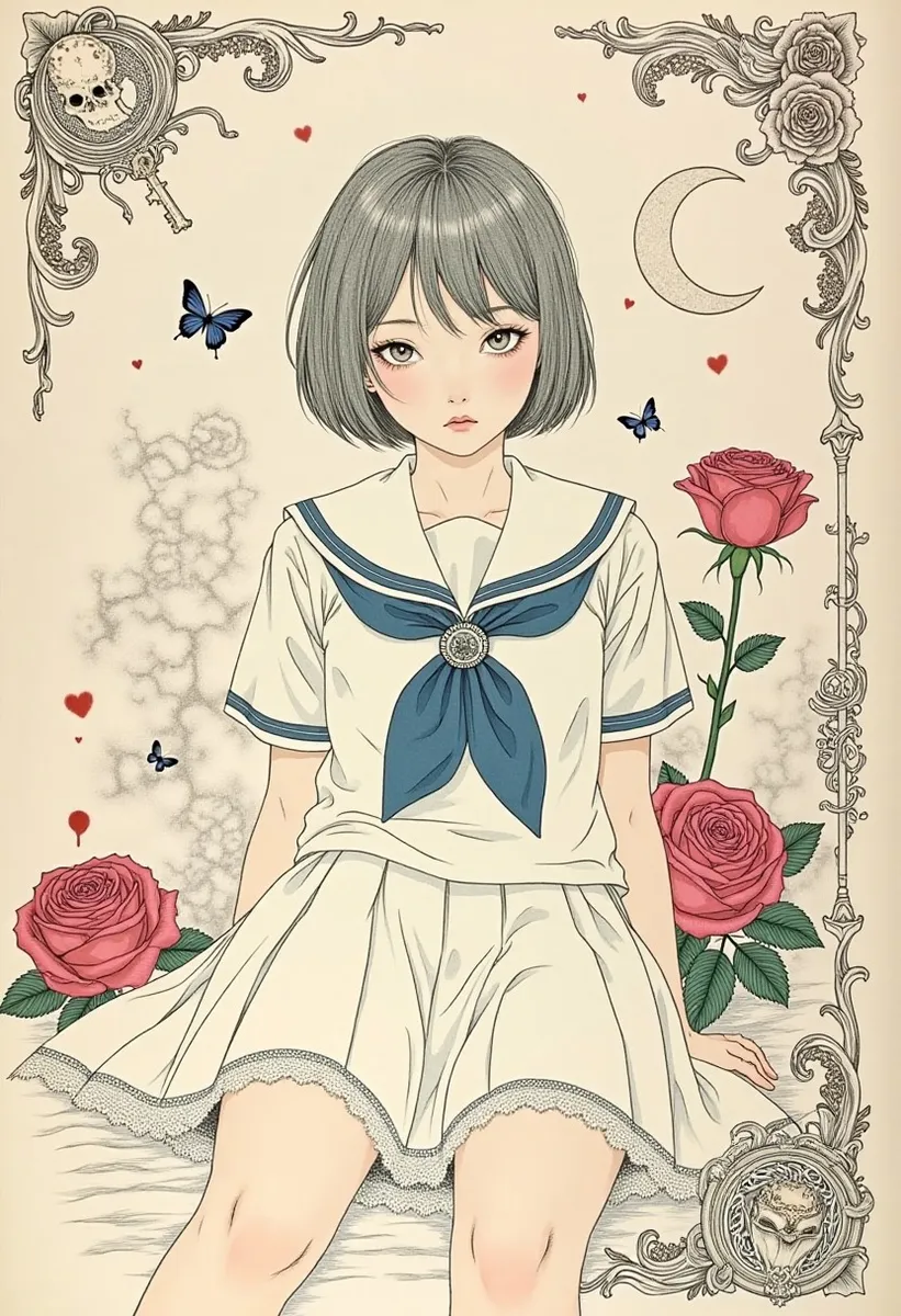 Anime-style girl with melancholic expression in a sailor school uniform with a blue neckerchief, sitting amidst roses, butterflies, and ornate gothic decorations.