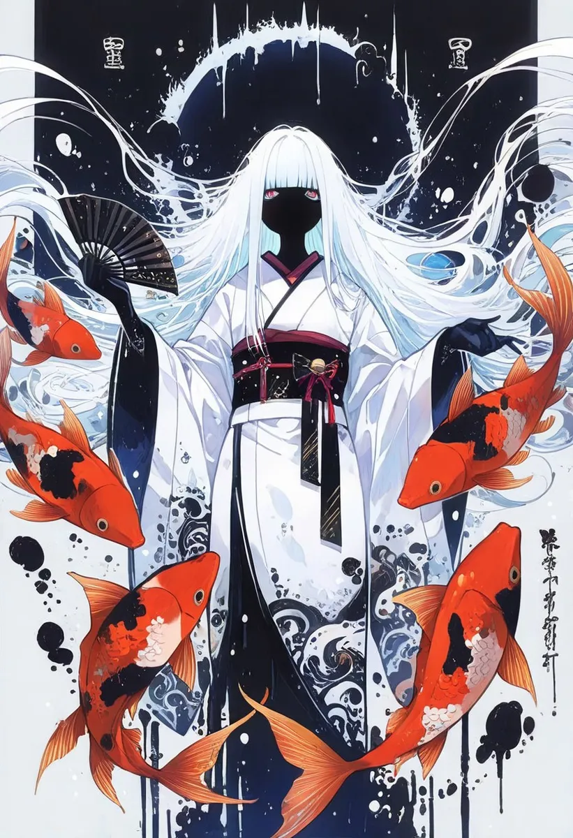 A girl with flowing long white hair and red eyes in a white kimono with black and red accents, holding a black hand fan, surrounded by vibrant orange and black koi fish in an ink art style.