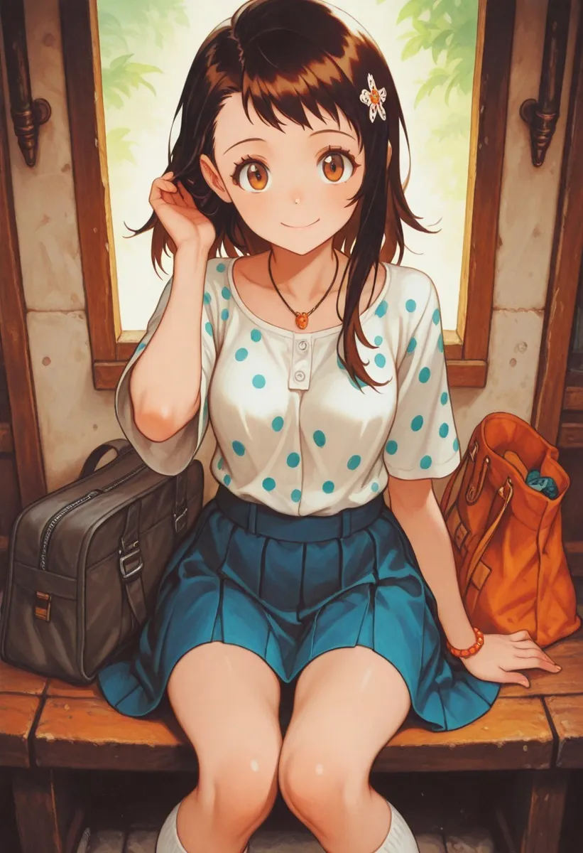 Anime style girl with brown eyes and brown hair adorned with a hair ornament, sitting on a wooden bench wearing a blue skirt and white polka dot blouse, with jewelry including a necklace and bracelet, holding her hair with one hand, surrounded by two bags.